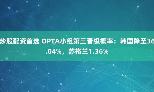 炒股配资首选 OPTA小组第三晋级概率：韩国降至36.04%，苏格兰1.36%